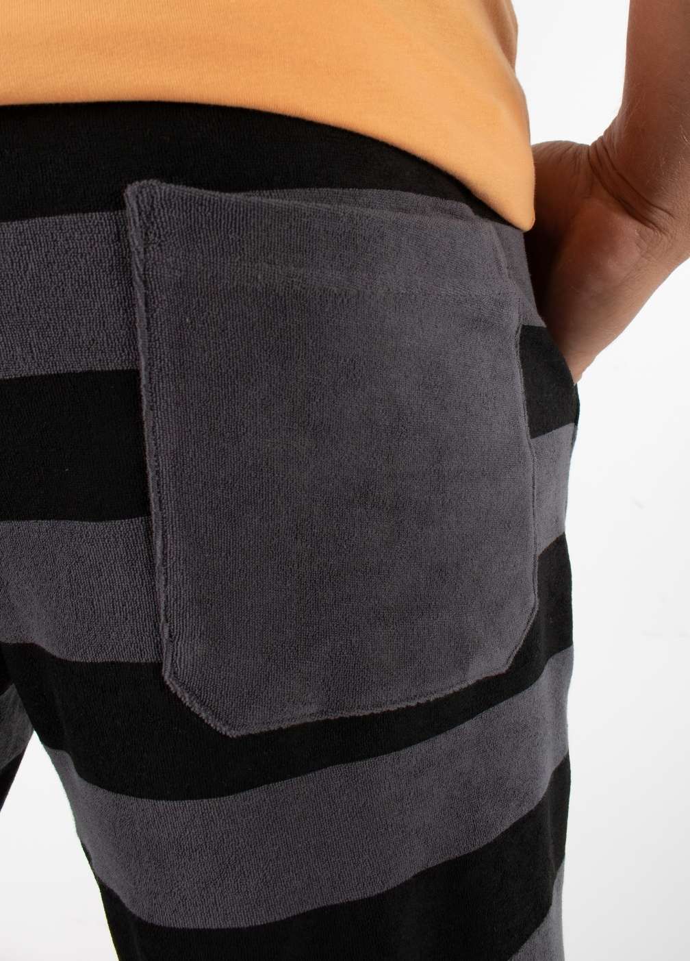 EBONY TOWEL SHORTS ST closeup - back pocket - men's shorts with single back pocket