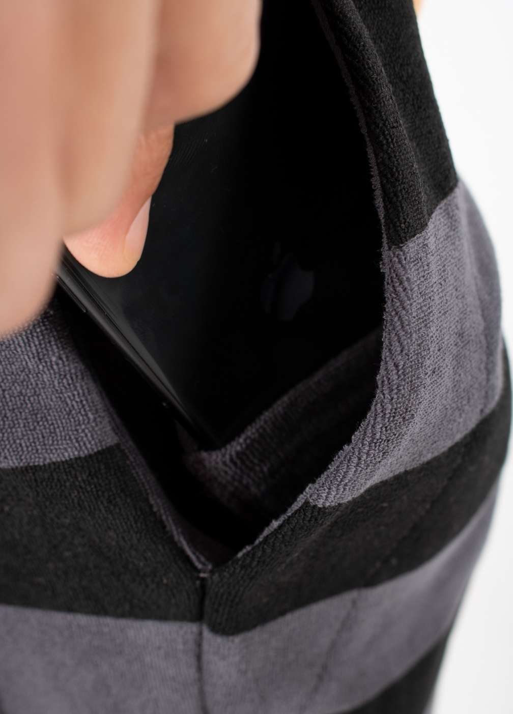 EBONY TOWEL SHORTS ST closeup - phone pocket - men's shorts with hidden pocket for smartphones