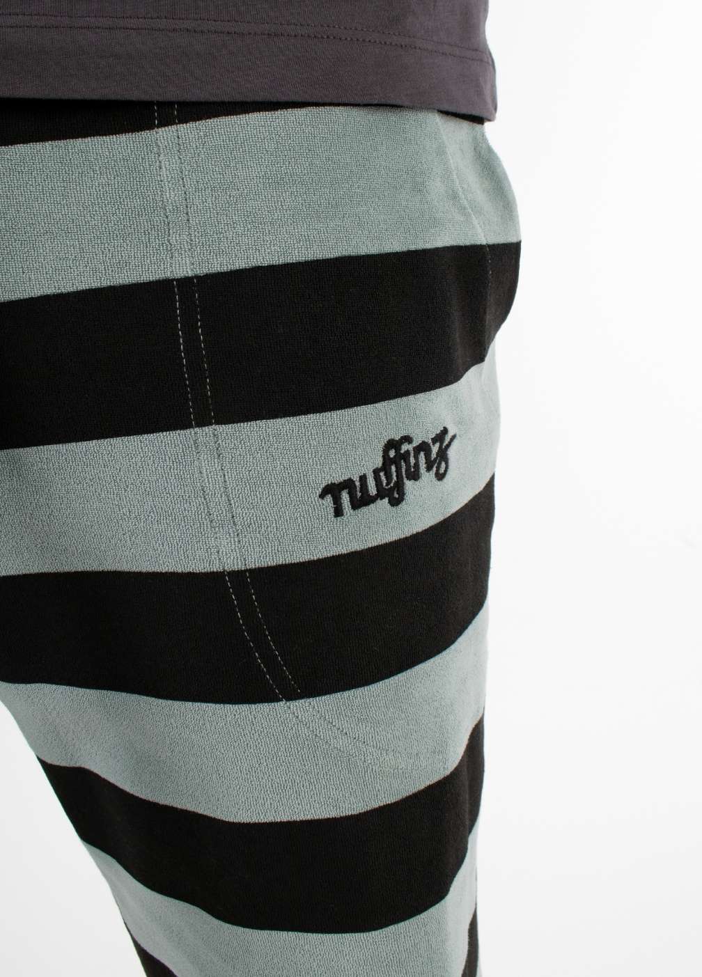SILVER BLUE TOWEL SHORTS ST closeup - nuffinz logo - men's shorts with front pockets