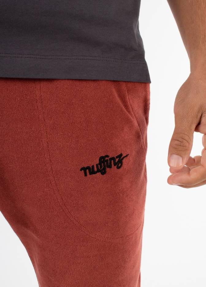 TANDOORI SPICE TOWEL SHORTS closeup - nuffinz logo - men's shorts with front pockets