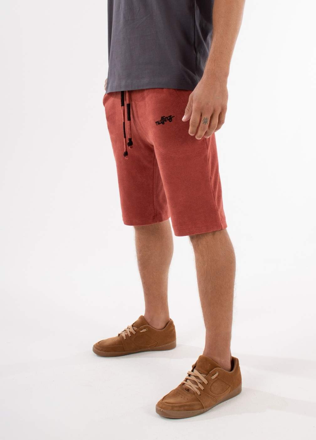 nuffinz shorts - TANDOORI SPICE TOWEL SHORTS - 100% organic cotton - terry cloth - comfortable shorts for men - closeup side / front
